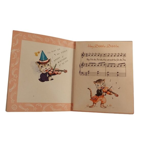 Vintage Birthday Cards Hey Diddle Diddle & Kittens On A Clock Lot of 2 Ephemera - Picture 2 of 7